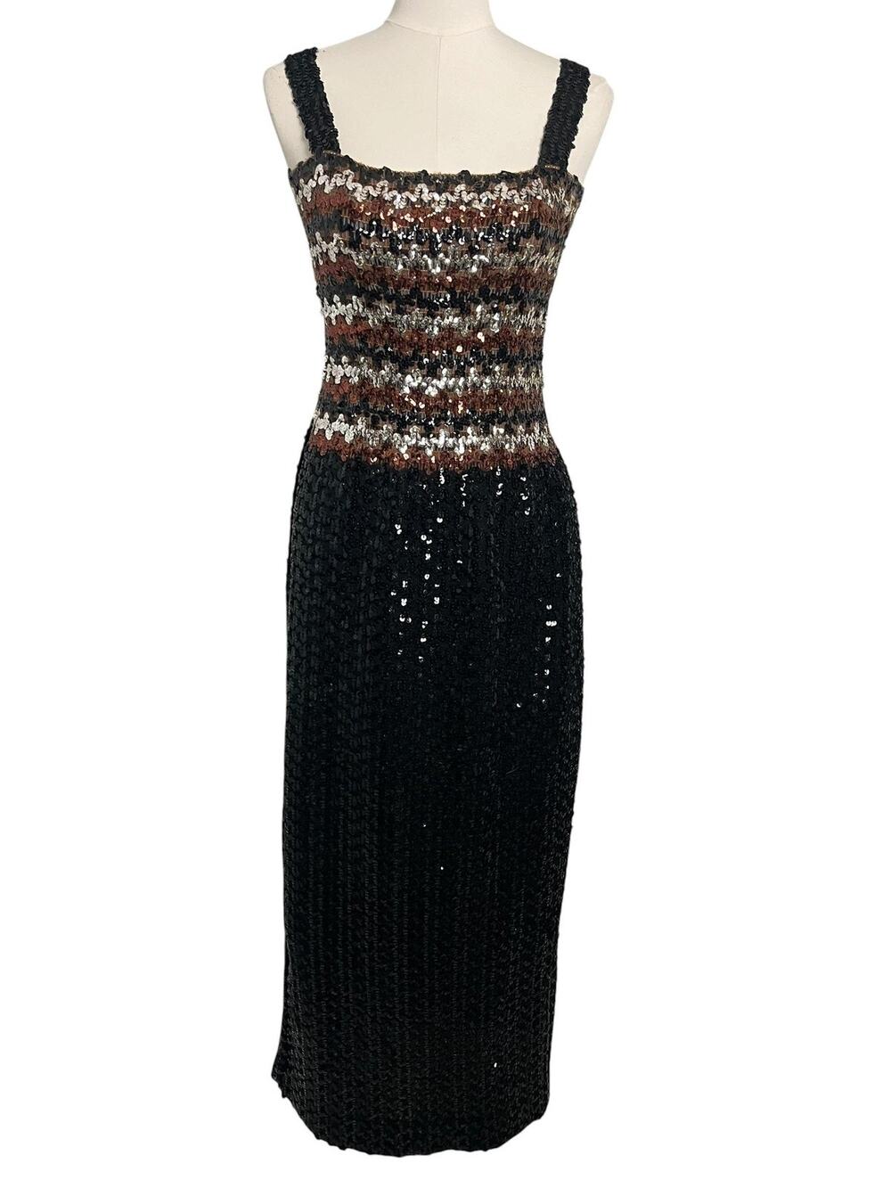 Vintage Sequin Maxi Dress Womens Black Bronze Stretch Knit Evening Party Glam